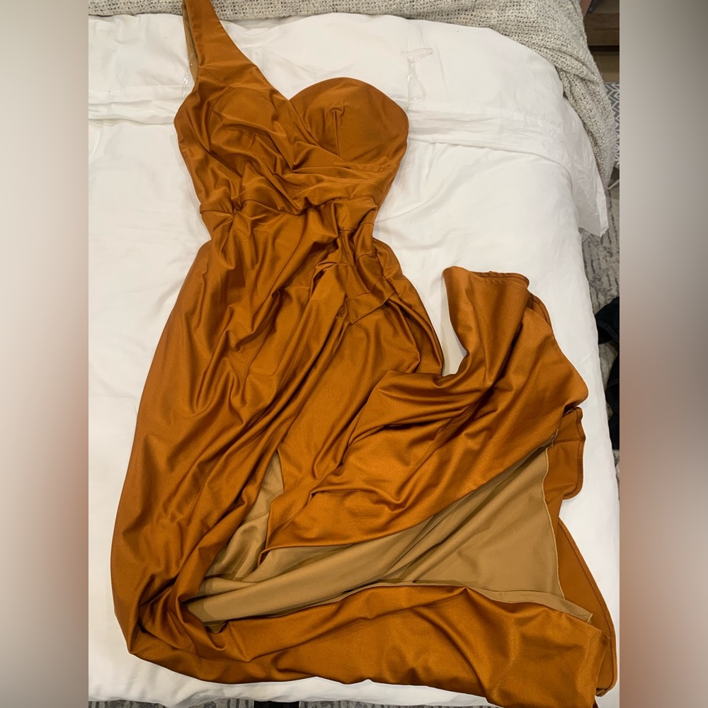 Gorgeous Marigold colored gown with slit